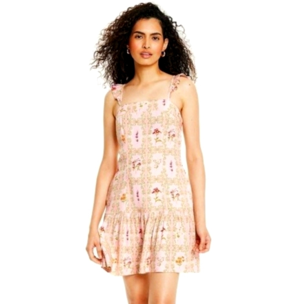 Agua Bendita x Target Pink Floral Tile Print Flutter Sleeve Mini Dress L NWT